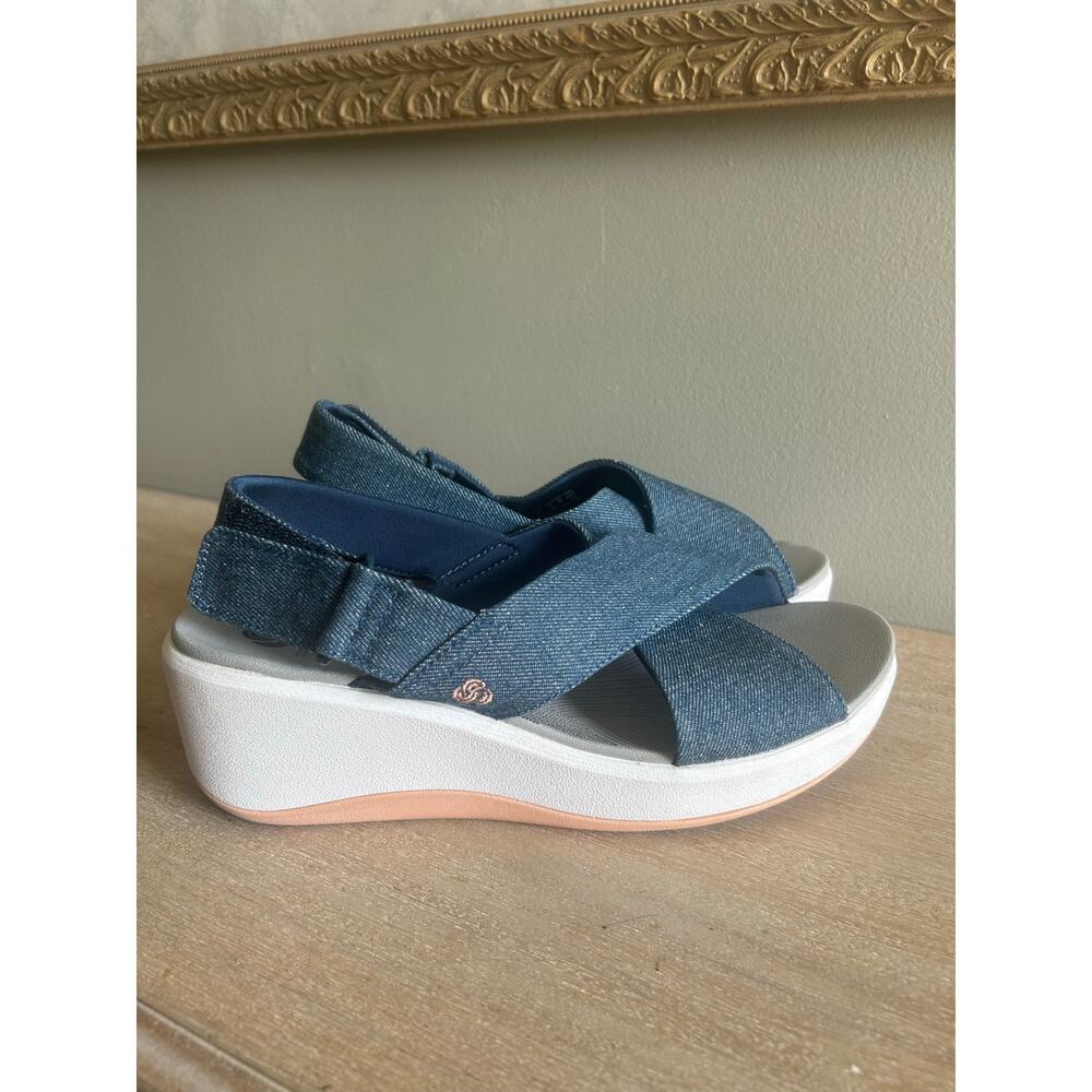 Clarks Cloudsteppers Denim Blue Wedge Sandals - Picture 2 of 8